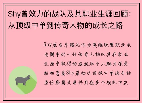 Shy曾效力的战队及其职业生涯回顾：从顶级中单到传奇人物的成长之路